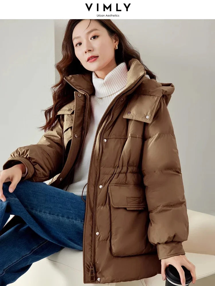 Vimly Hooded White Duck Womens Down Jacket Winter Stand Collar Windproof Thick Zipper Long Puff Jacket Coat 50675 241112
