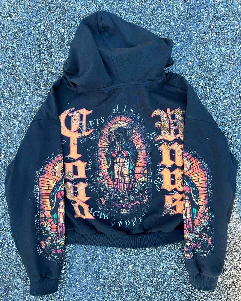 Y2k Fashion Printed Hoodie Harajuku Hip Hop Long Sleeve Coat Loose Zipper Hoodie Fashion Sportswear Mens Street Clothing 241111