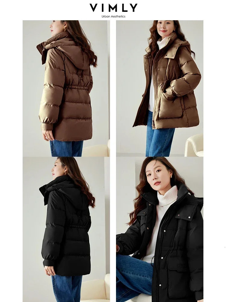 Vimly Hooded White Duck Womens Down Jacket Winter Stand Collar Windproof Thick Zipper Long Puff Jacket Coat 50675 241112