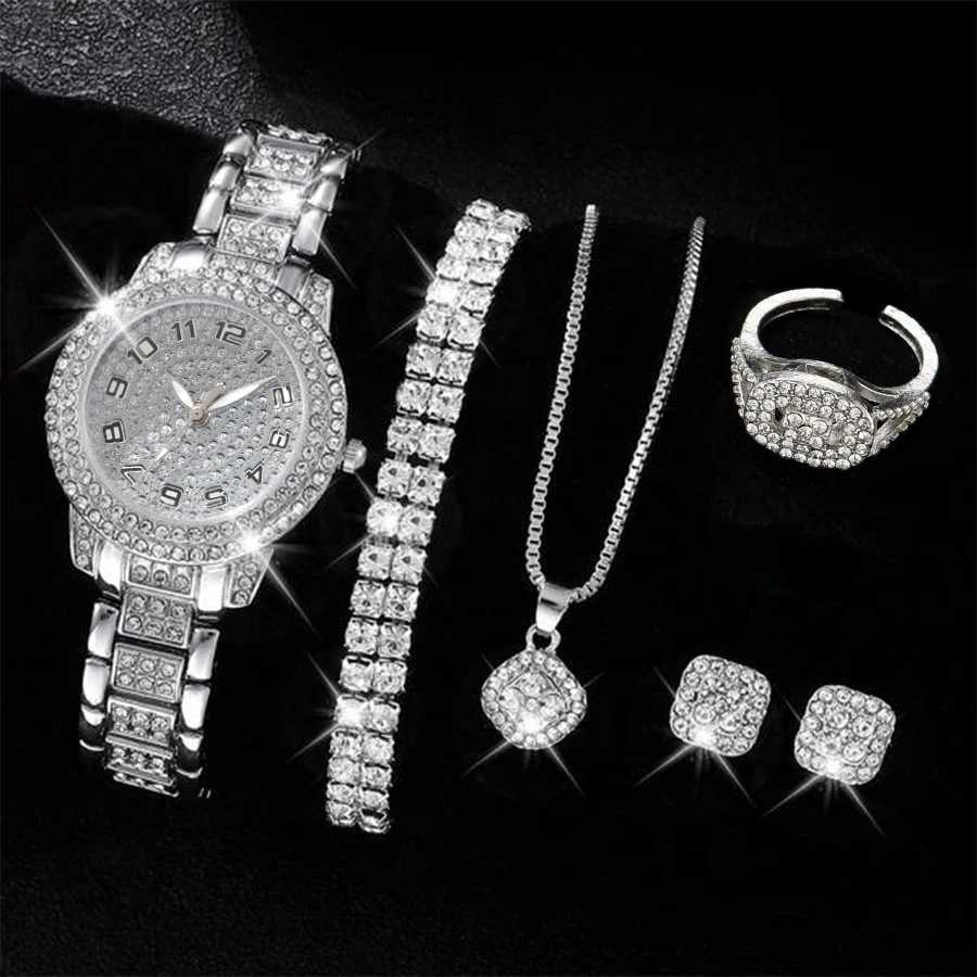 6PCS Women Watch Luxury Elegant Alloy Watch Crystal Wristwatch For Ladies Gift Quartz Watch Alloy Rhinestone Bracelet MontreXJ241109