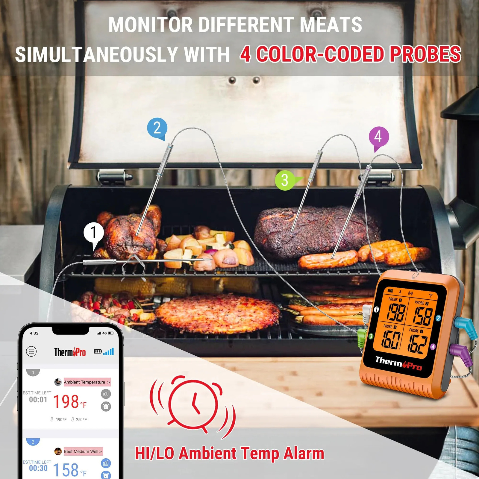 ThermoPro TP930 200M Wireless Remote Bluetooth Kitchen Digital Temperature Gauge with 4 Probes Used for Barbecue Meat Oven Barbecue Cooking 241113