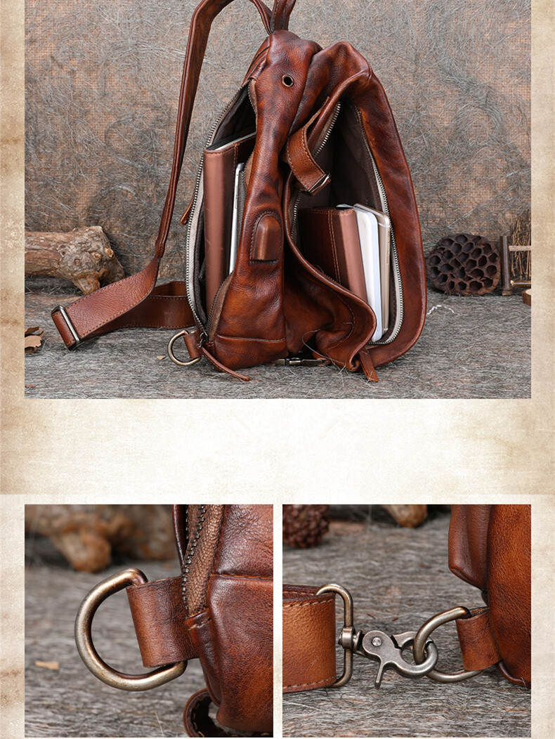Men's Handmade Messenger Shoulder Bag Zipper Business Men Chest Pack Retro Soft First Layer Leather Vintage Style BagVoyage