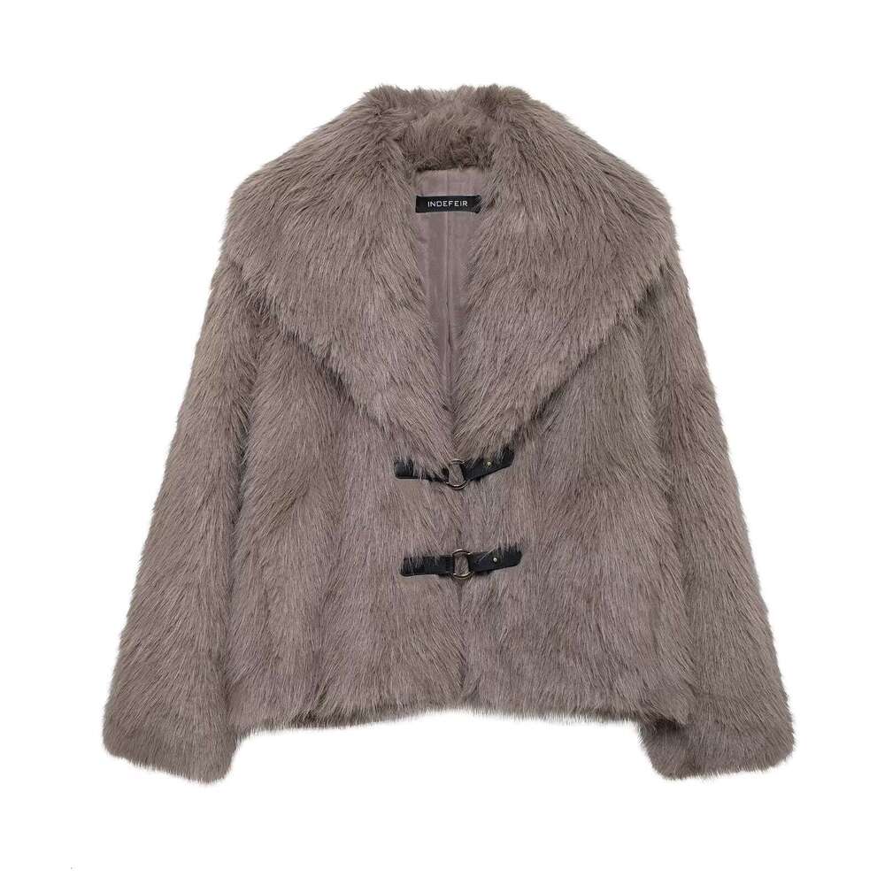 shanshi fur coat women lapel leather buckle imitation fur for women's fashion and stylish versatile jacket