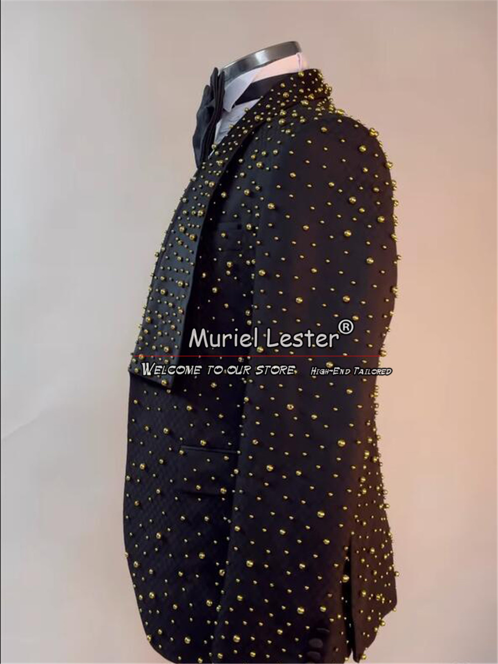 Luxury Men's Suits For Wedding Heavy Gold Pearls Groom Tuxedos Custom Made 3 Pieces Formal Banquet Party Prom Blazers Bespoke