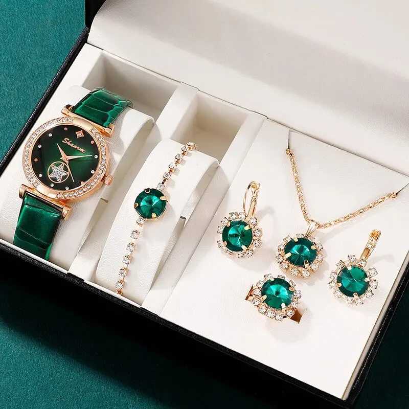 6PCS Set Green Luxury Quartz Watch Women Ring Necklace Earring Rhinestone Fashion Wristwatch Casual Ladies Bracelet WatchesXJ241109