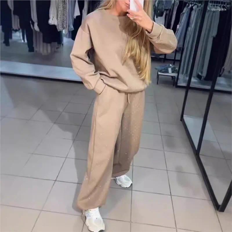 Women's Two Piece Pants Suit Autumn O-neck Diamond Long-sleeved T-shirt Drawstring Sweatpants Fashionable Ladies 2-piece Sets