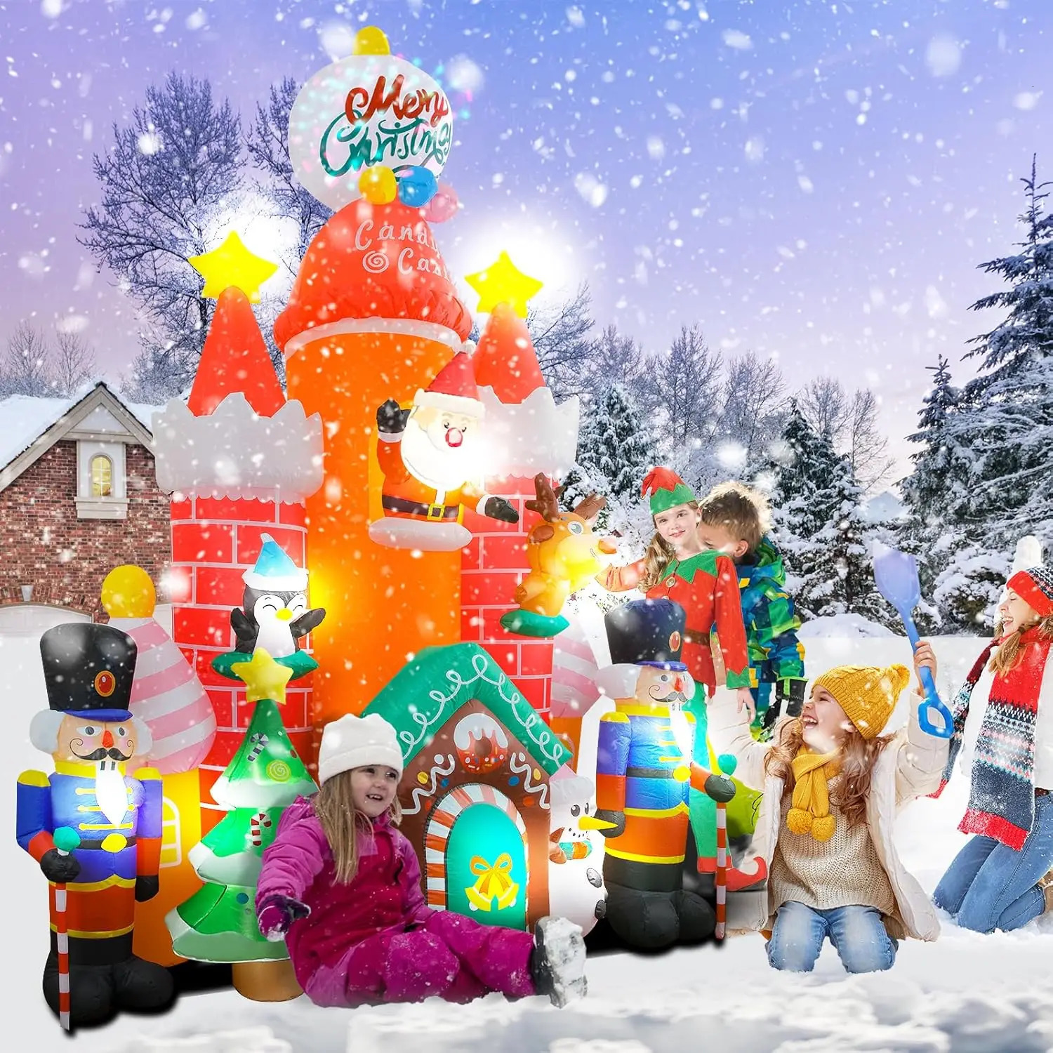 98 FT Christmas Inflatable Candy Castle Blow Up Decorations with Soldier Santa Reindeer Snowman Tree 241108