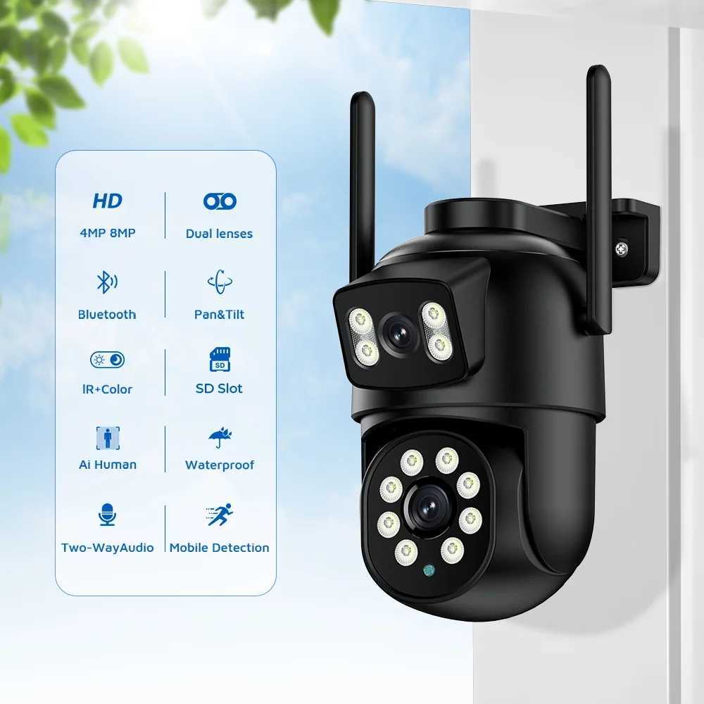 IP Cameras 4K 8MP 4X Digital Zoom PTZ WIFI IP Camera with Dual Lens Dual Screen 4MP HD Auto Tracking CCTV Outdoor Surveillance Camera iCSee 240413