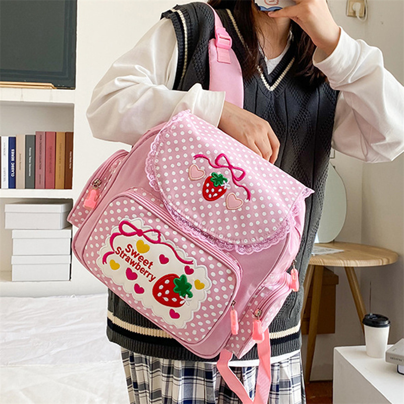 Japanese Schlool Bags Backpack Kids Cute Soft Girl Sweet Lovely Embroidered Fruit Strawberry Lace Girl Student Schoolbag Girl