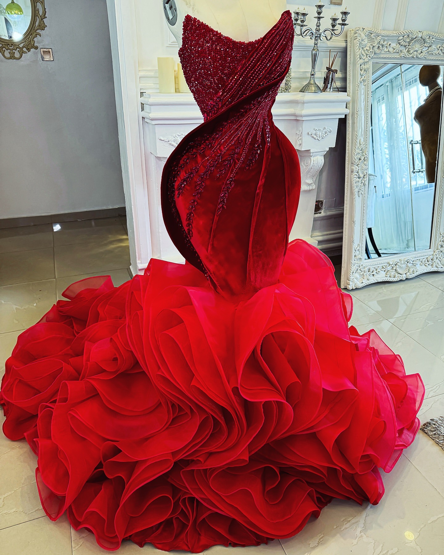 2024 Plus Size Red Mermaid Prom Dresses For Special Occasions Rhinestones Beaded Velvet Organza Evening Party Birthday Gowns Dress For Women Vestidos 