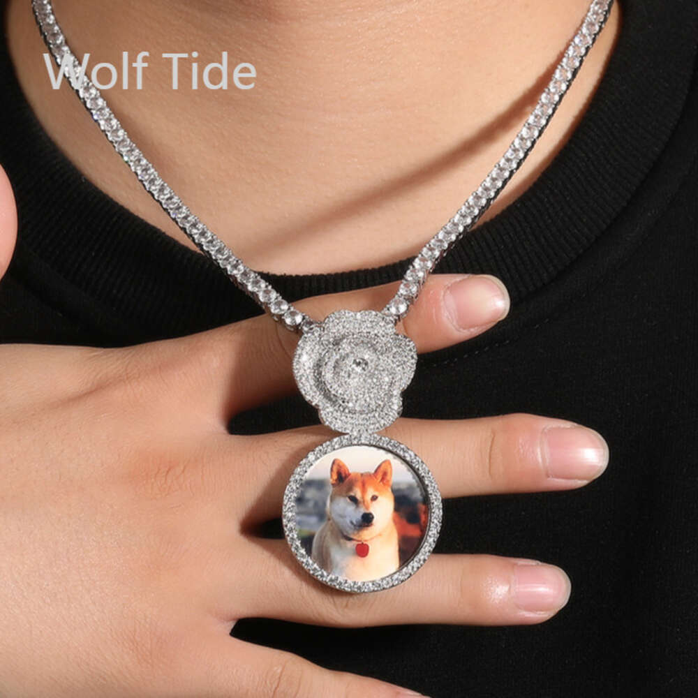 Top Quality Hip Hop Trendy Hip Hop Pendant Copper Cubic Zirconia Round Diy Photo Pendant Rose Button Diamond Jewelry Bling Crystal Rapper jewelry Coll