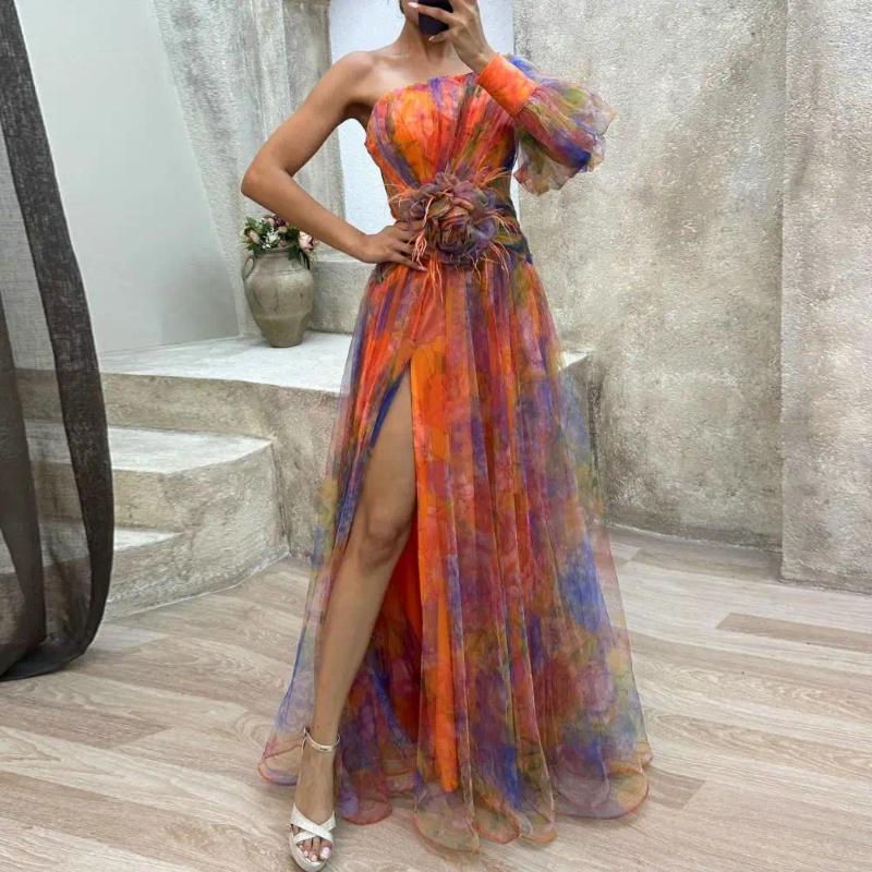 Casual Dresses Formal Evening Dress Off-shoulder A-line Elegant One Shoulder Tie-dye Ball Gown With Mesh Bubble Sleeves Sp