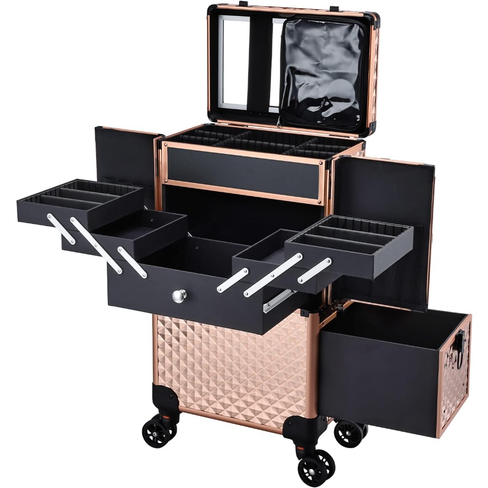 Adazzo Professional Makeup Artist Rolling Train Case Multi-functional Cosmetic Train Case Large Trolley Storage Case for Nail