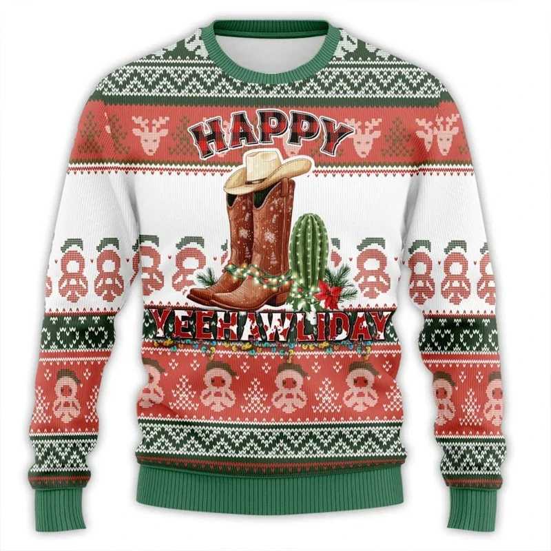 Western Cowboy Ugly Christmas For Men Clothes Rodeo Man Funny Ugly Sweaters Xmas Holiday Crew Neck Sweatshirt Boy Top LX241113