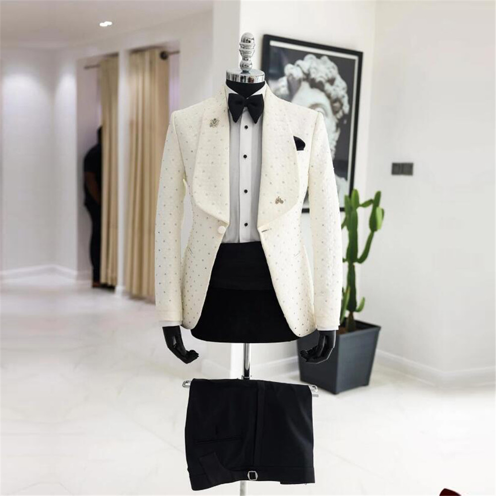 Luxury Groom Wedding Suits Cyrstals Beaded Men's Tuxedos Custom Made Single Breasted Prom Blazer Sets Banquet Dinner Clothing