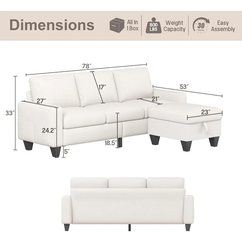 Convertible Sectional Sofa Couch,Beige Linen Fabric Modern 3-Seat L-Shaped Upholstered Furniture with Storage Reversible Ottoman