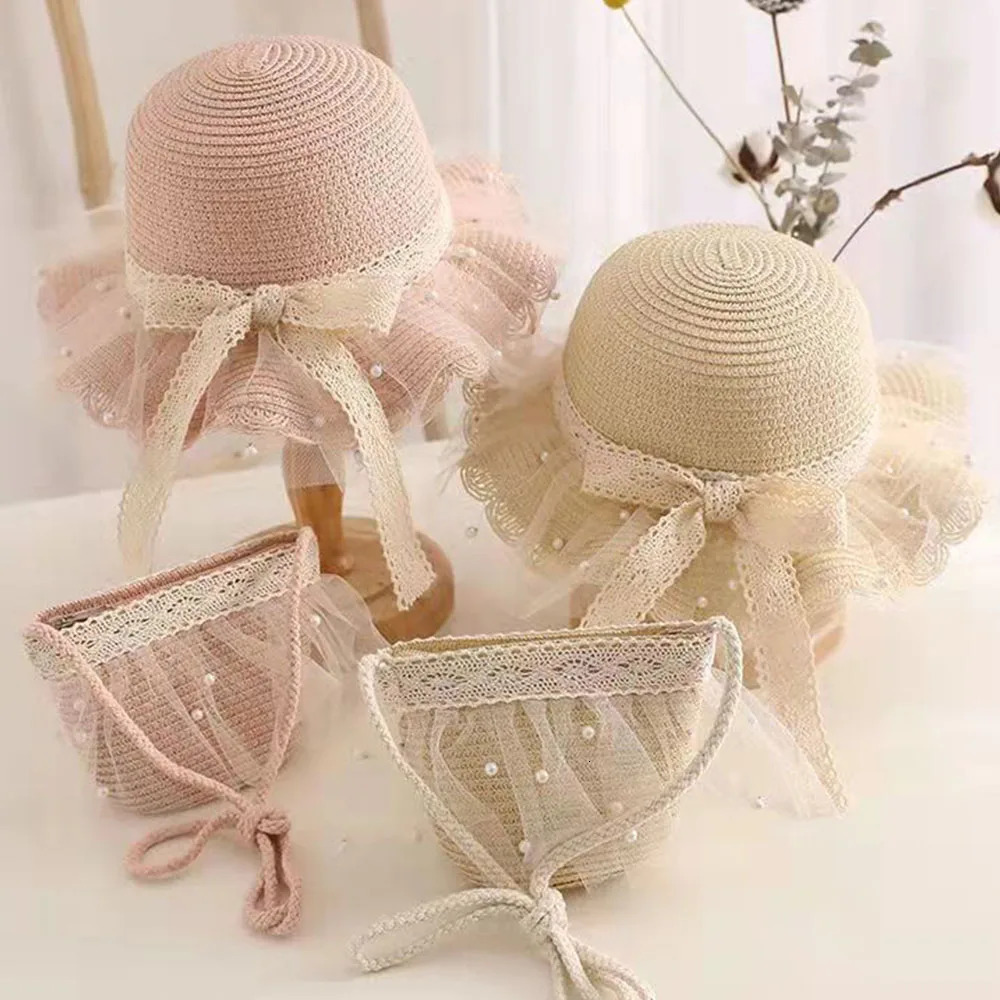 2pcs/sets Kids Straw Hat Shoulder Bags Set Summer Girl Sun Cap Children Girl Straw Panama Hat Travel Beach Sun Hat and Bag 241112