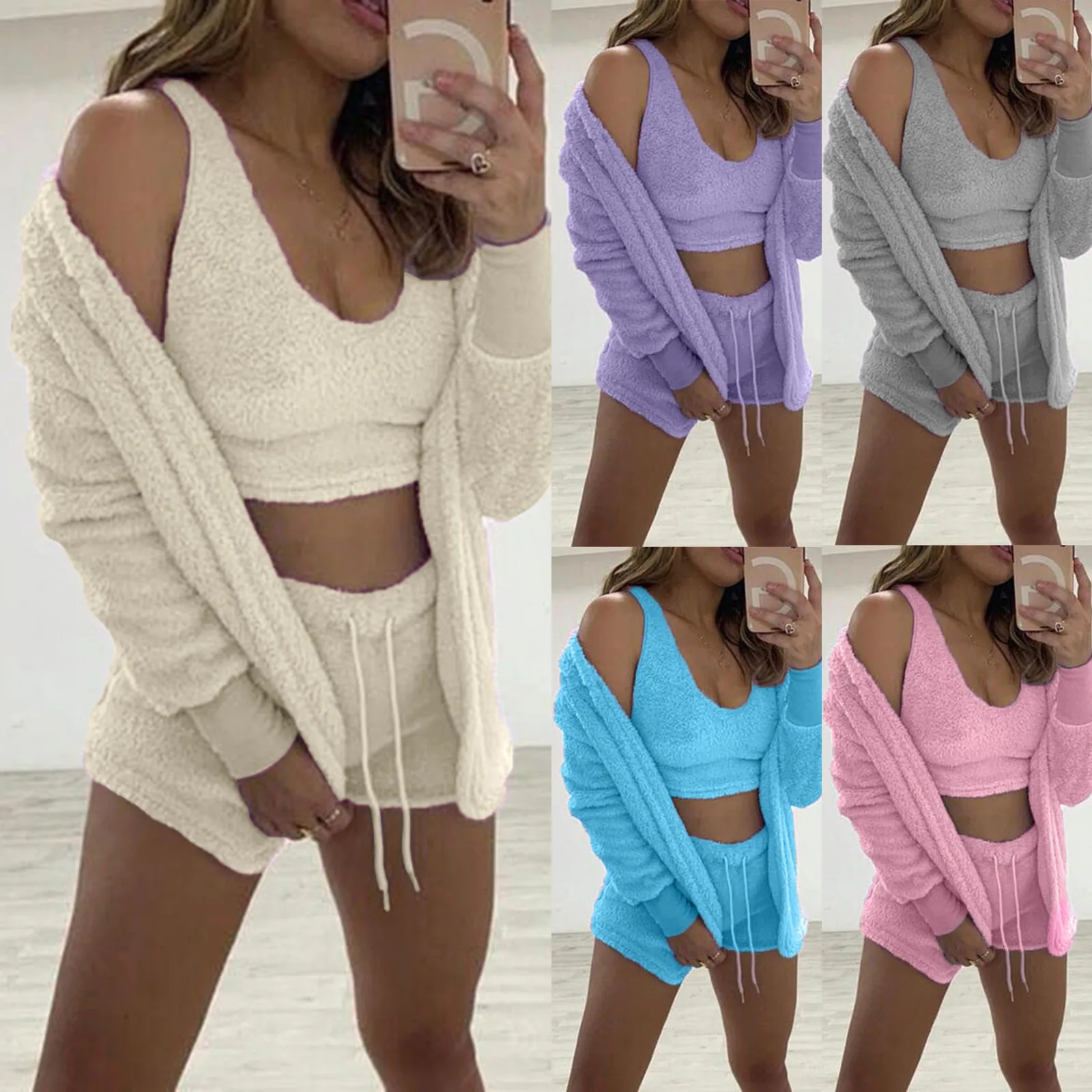 Fluffy Pajamas Set For Women Casual Sleepwear Tank Top And Shorts Plus Size Hoodie Leisure Homsuit Winter 3 Pieces Pijamas 241113