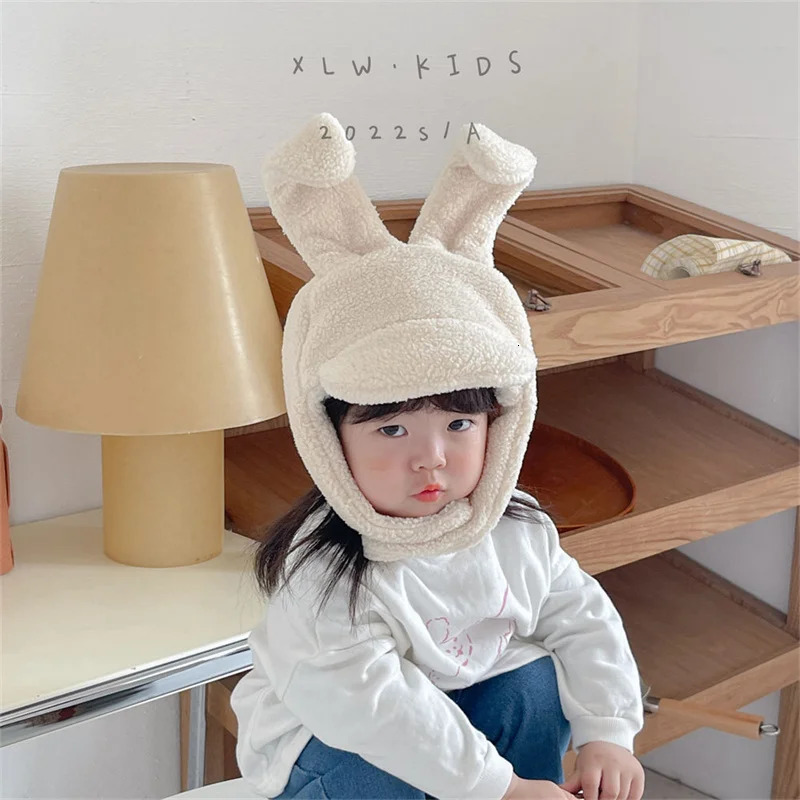 Winter Baby Hat kawaii Bunny Ears Warm Plush Baby Boy Girl Cap Ear Protection Hats Solid Color Soft Earflap Kids Cap 241112