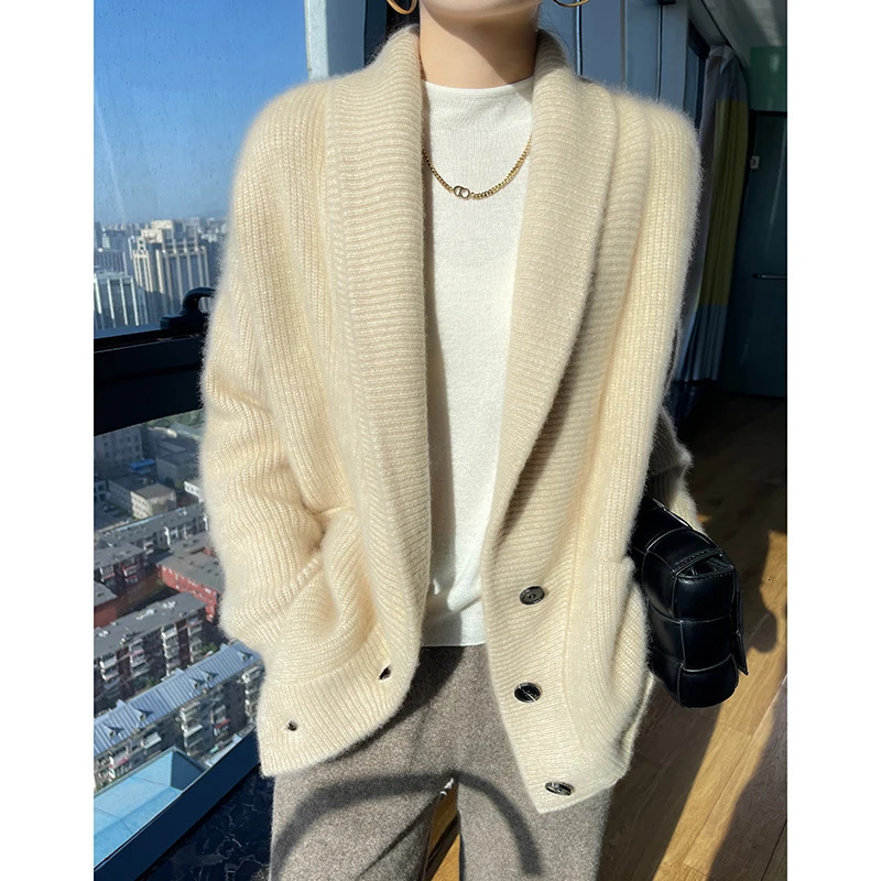 100% wool womens winter sweater thick cardigan womens V-neck long sleeved jacket and knitted womens knitted cardigan 241113