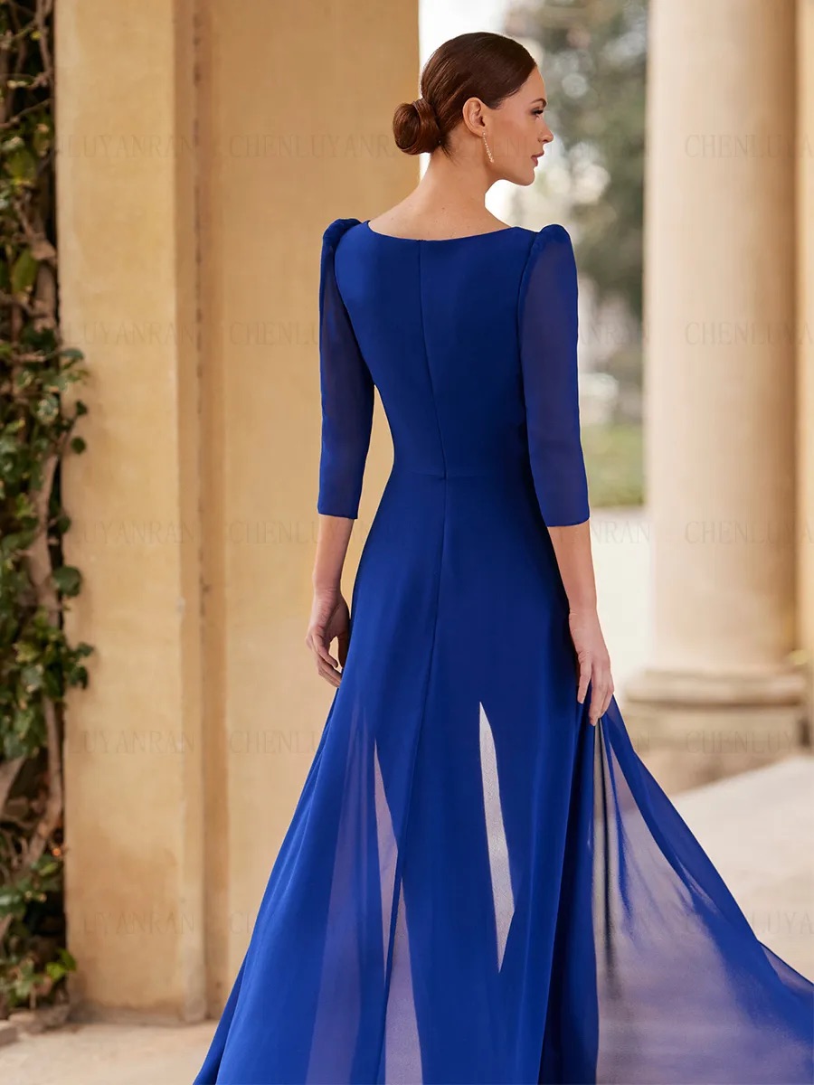 Royal Blue Chiffon Mother Of The Bride Suits V Neck 3/4 Sleeve Outfit For Wedding Guest Wear Long Jacket Pantsuit Mother Dress 6660306