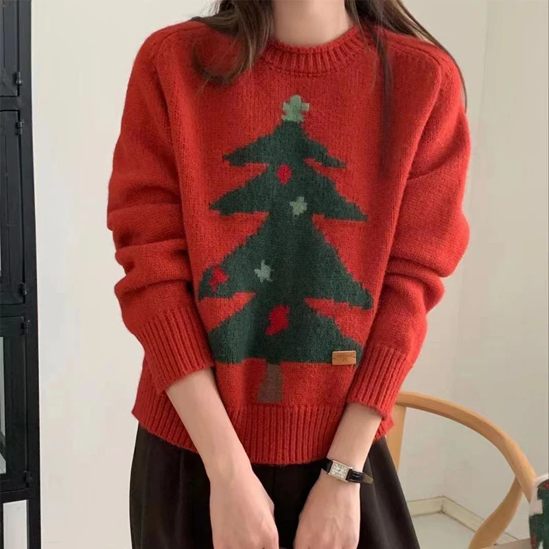 Year Christmas Tree Jacquard Womens O-neck Thick Zipper Australian Wool Knitted Sweater Winter Loose and Casual n 241113