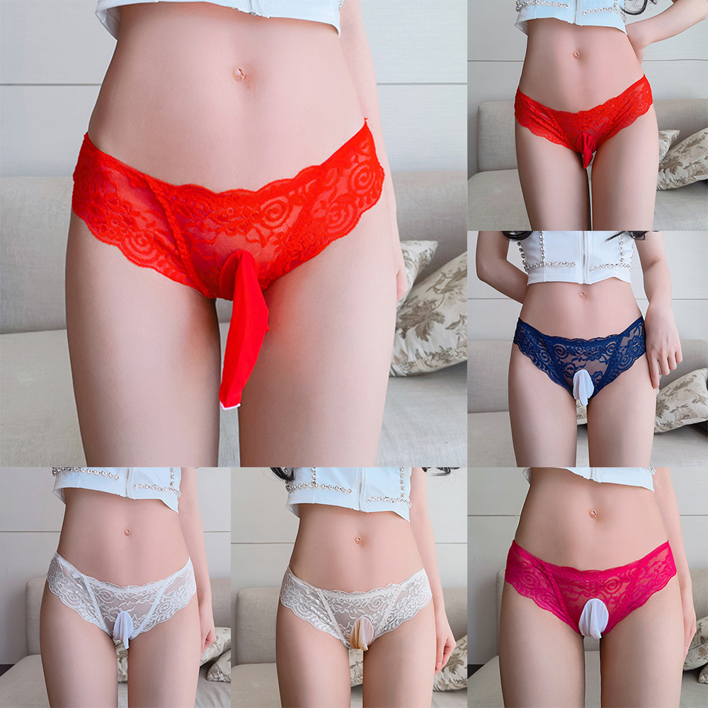 Mens Low Waist Lace Sexy Thong Pseudo Girl Underwear Panties Sissy Pouch Underpants Sheer Lingerie Sexy G-String T-Back Briefs