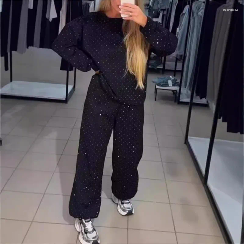 Women's Two Piece Pants Suit Autumn O-neck Diamond Long-sleeved T-shirt Drawstring Sweatpants Fashionable Ladies 2-piece Sets
