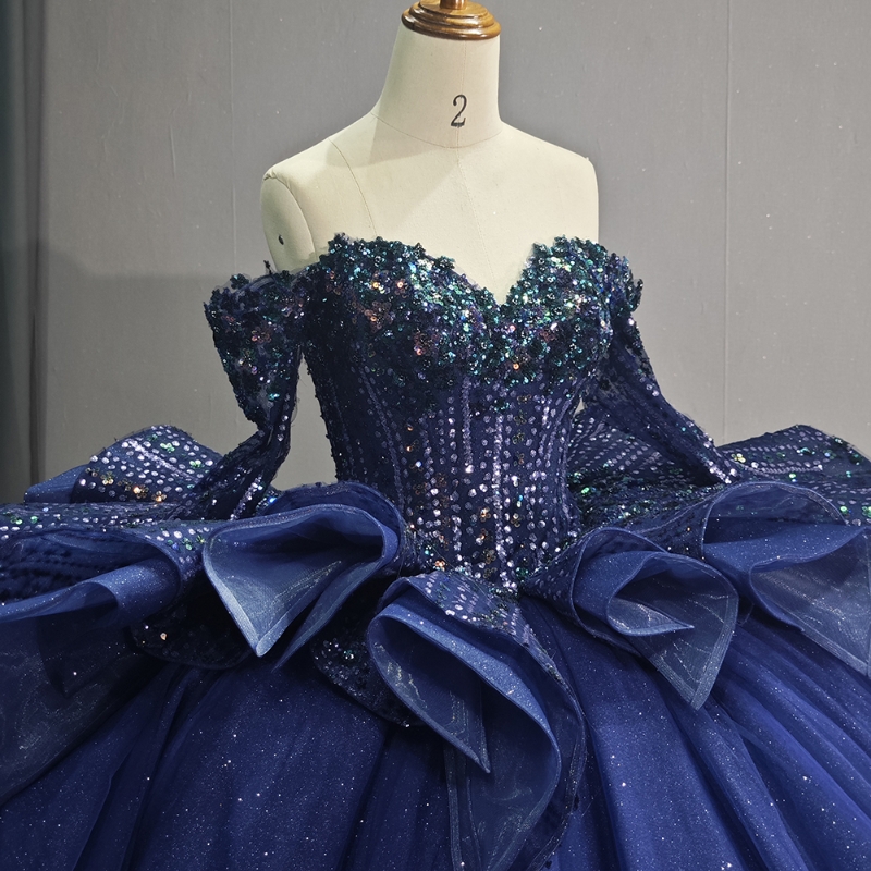 Blue Navy Shiny Princess Quinceanera Dresses Off The Shoulder Ball Gown Sweet Dress Beads Sequin Appliques Lace Tull Party Birthday D