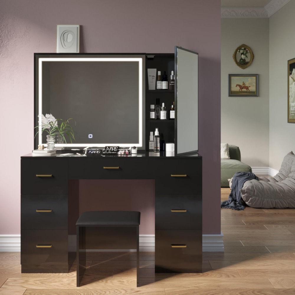 Bedroom Vanity Desk for Women (Black Furniture Dressing Table With Mirror Multifunctional Makeup Table Tall Dresser Large) Home