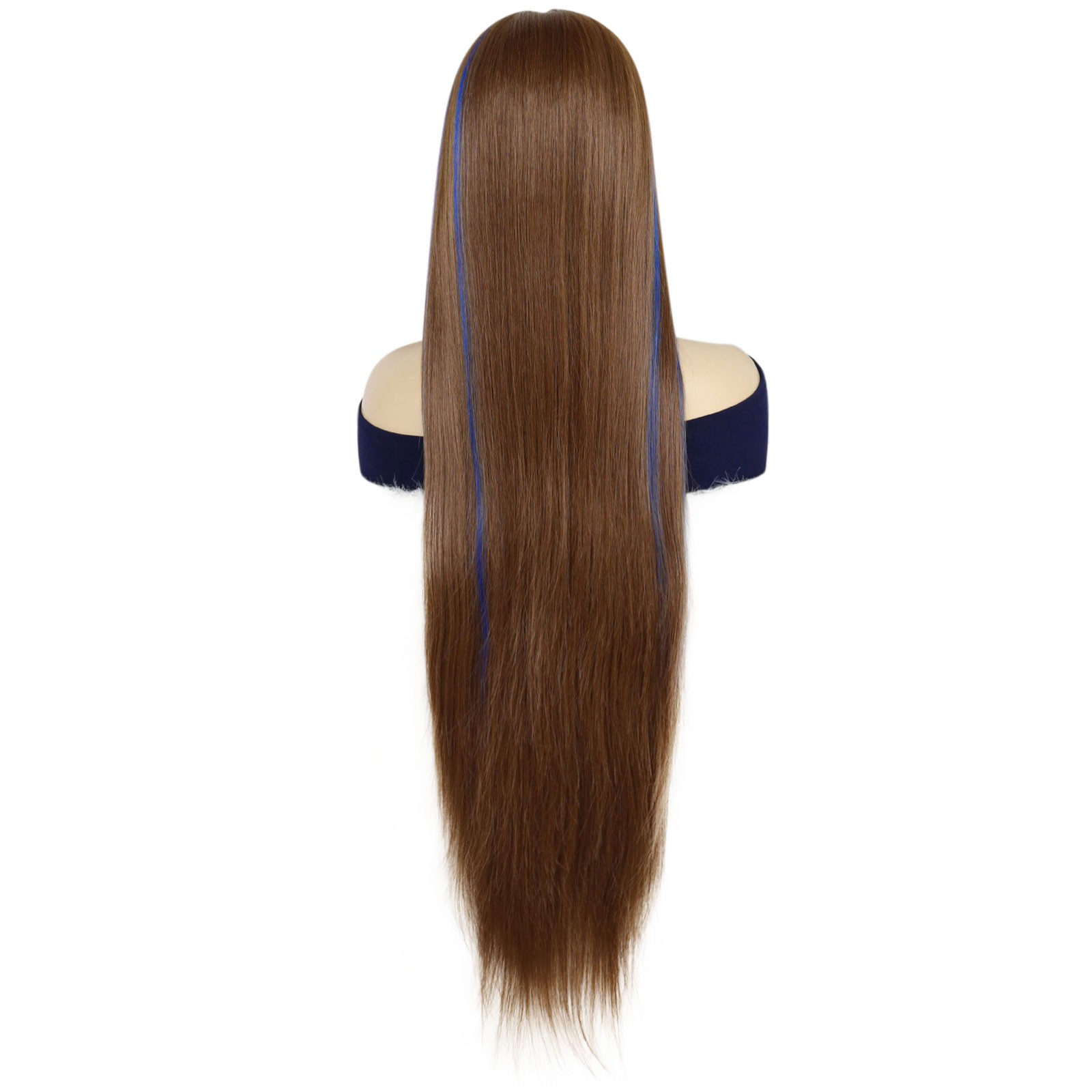 13*5*1 T-Part Highlights Royal Blue Skunk Stripe Wig Silky Straight Brown with Royal Blue Streak 40 inch Extra Long Synthetic