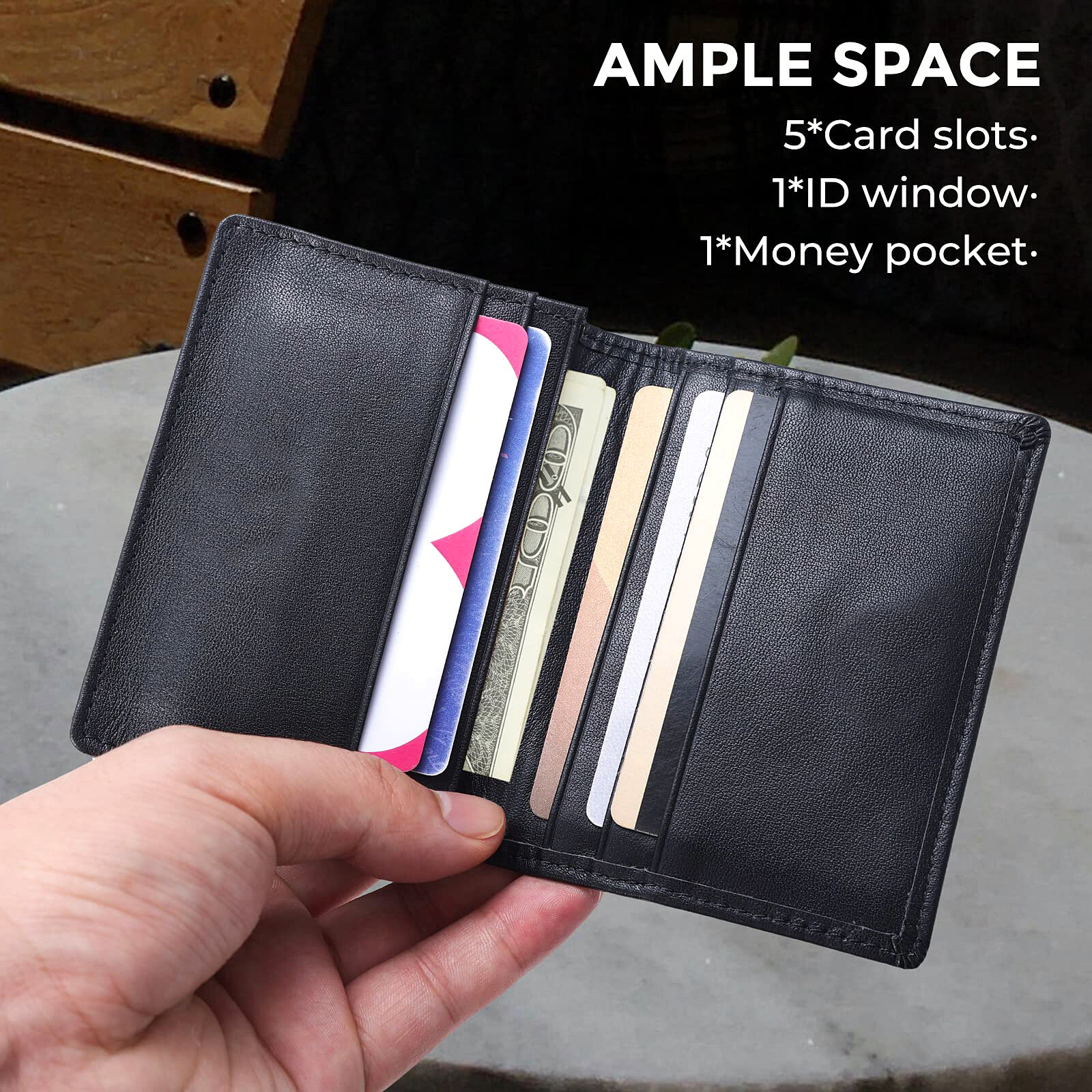 RFID Blocking Mens Slim Front Pocket Wallet Genuine Leather Bifold Credit Card Holder with ID Window Retro Style