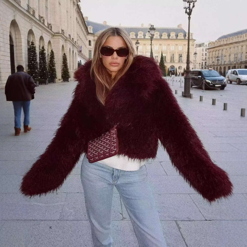 shanshi fur coat women Fashionable and versatile women's clothing new style solid color long sleeved lapel faux fur jacket
