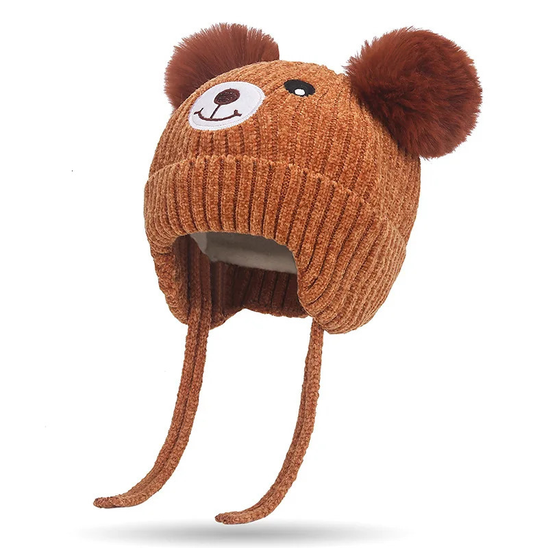 Winter Pompom Baby Winter Cap With Rope Lining Cute Boy Girl Warm Bear Knitted Hat Kids Earflaps Knit Hats For Toddler Cap 241112