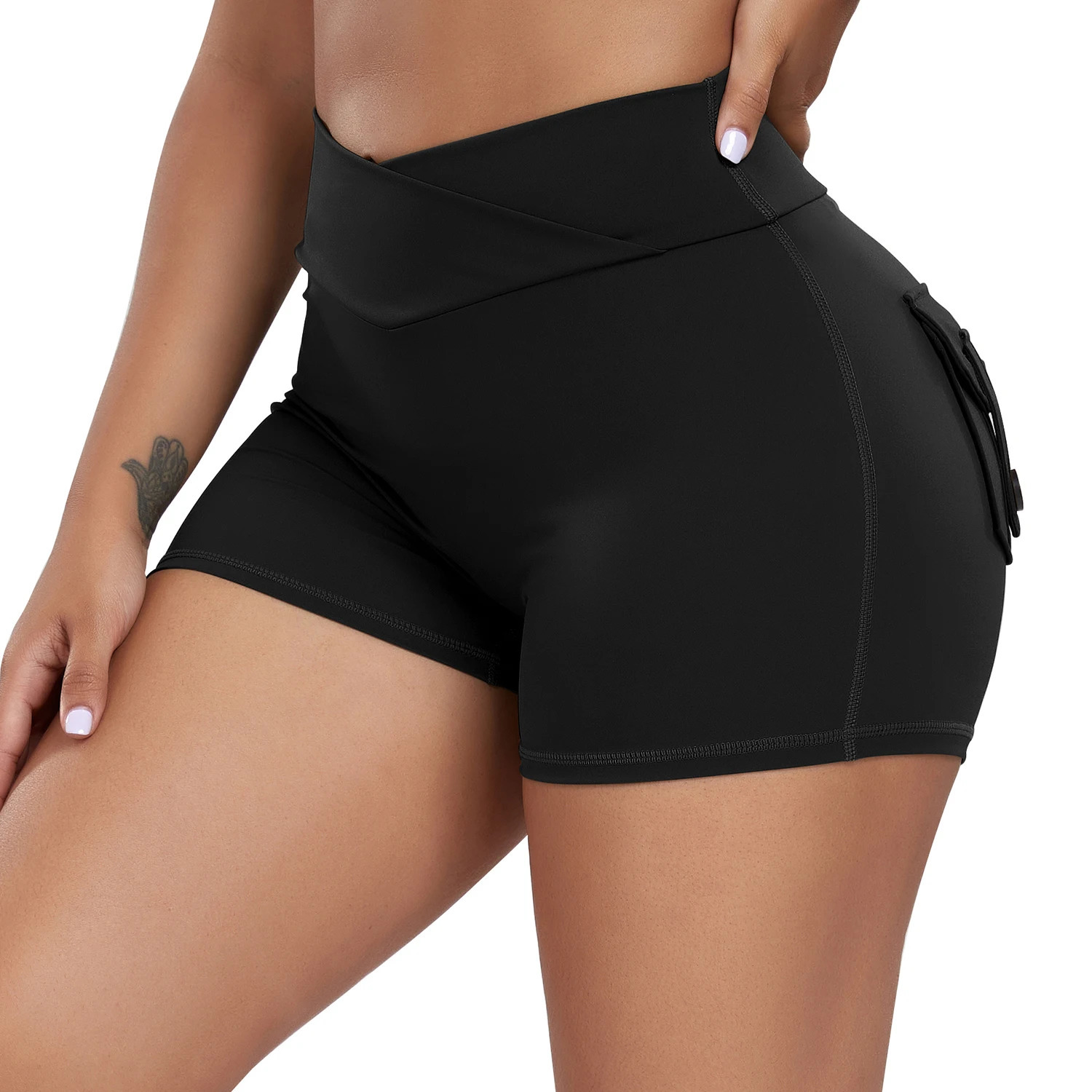 Women Pocket Yoga Shorts Cross High Waist Scrunch Butt Booty Fitness Athletic Gym Bottoms Sexy Quick Drying Workout Clothing 240401