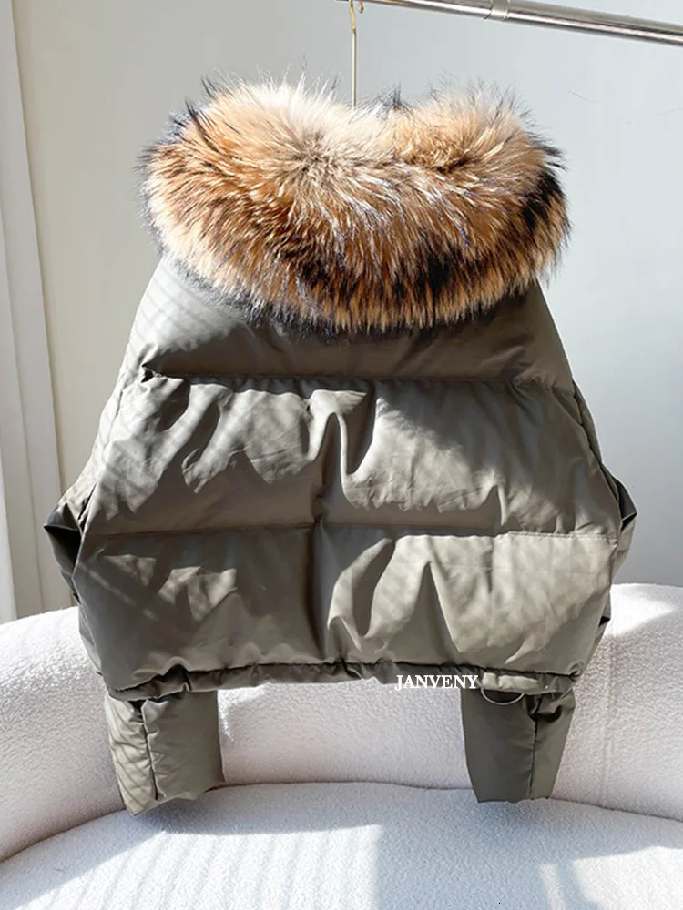 Janveny Real Natural Fur Winter Stand collar short Pu puff jacket womens thick duck style warm jacket 241112