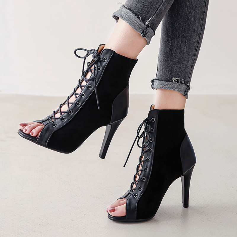 Summer Black Heels High Ankle Boots For Women 2023 Spring Peep Toe Lace Up Pumps Party Jazz Dance Shoes Suede Ladies Large Size smile