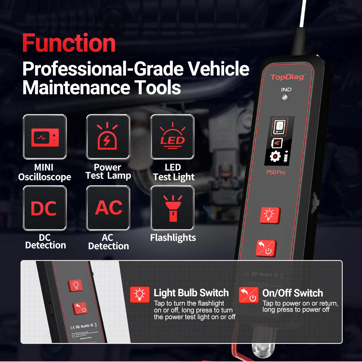 Topdiag P50 Pro Automotive Circuit Tester Electrical Oscilloscope Power Circuit Probe Kit 12V 24V Battery Car Diagnostic Tool