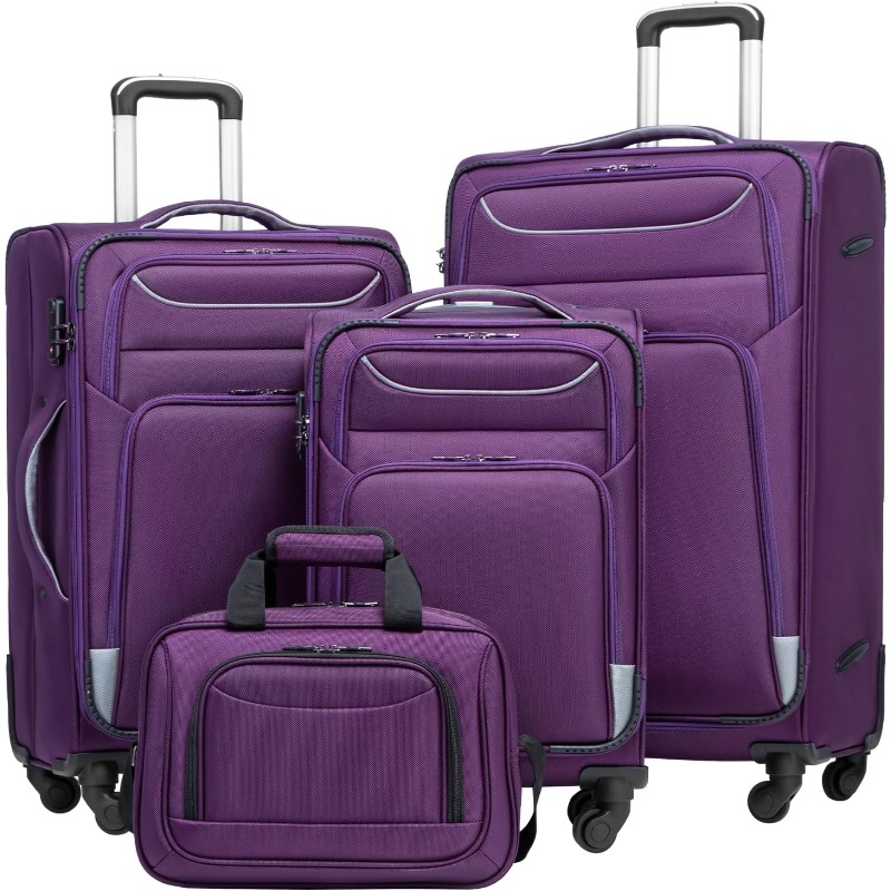 Lage 4 Piece Set Suitcase Spinner TSA Lock Softshell lightweight (purple+sliver) 4