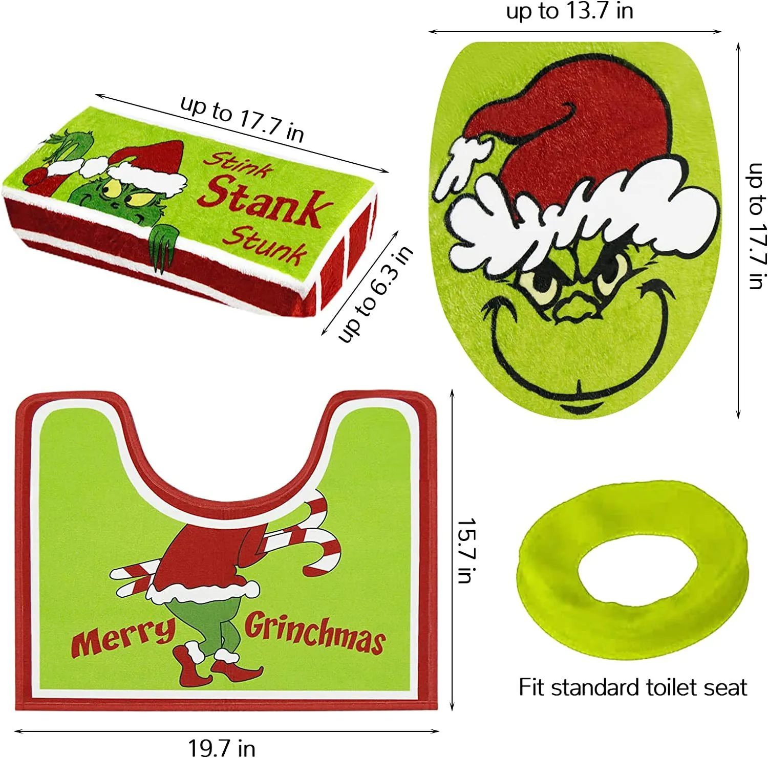Christmas Decorations Xmas Bathroom Sets Grinch Green Monster Toilet Seat Cover and Rug for Indoor Home Bathroom Sets of 4 pcs (Red - Green) 1025