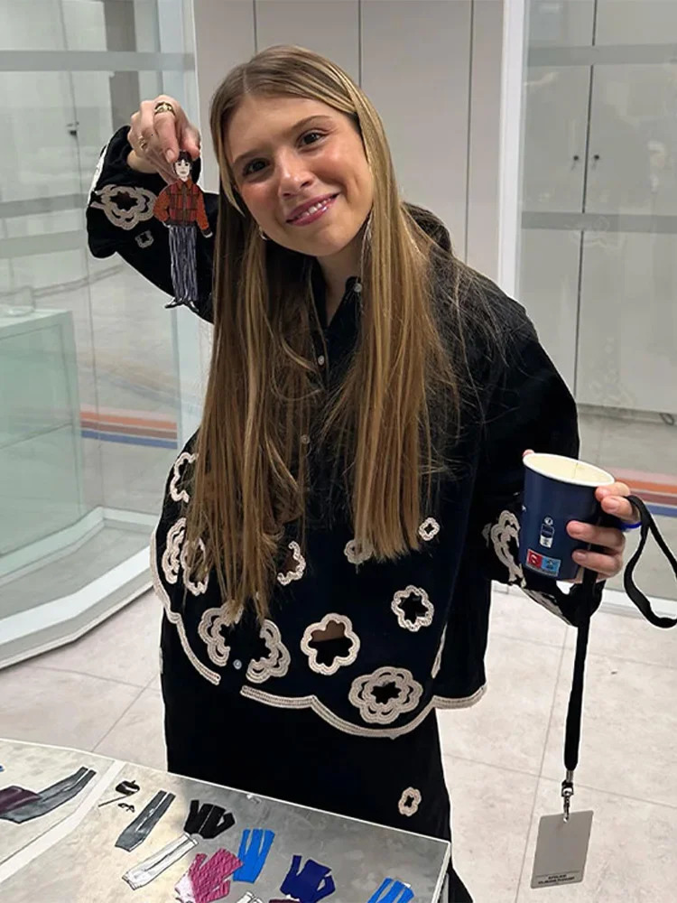 2024 Spring Chic Hook Flower Hollow Out Womens Lace Pants Set Retro Lapel Long Lantern Sleeve Shirt Suit Lady Elegant Outfit 240402