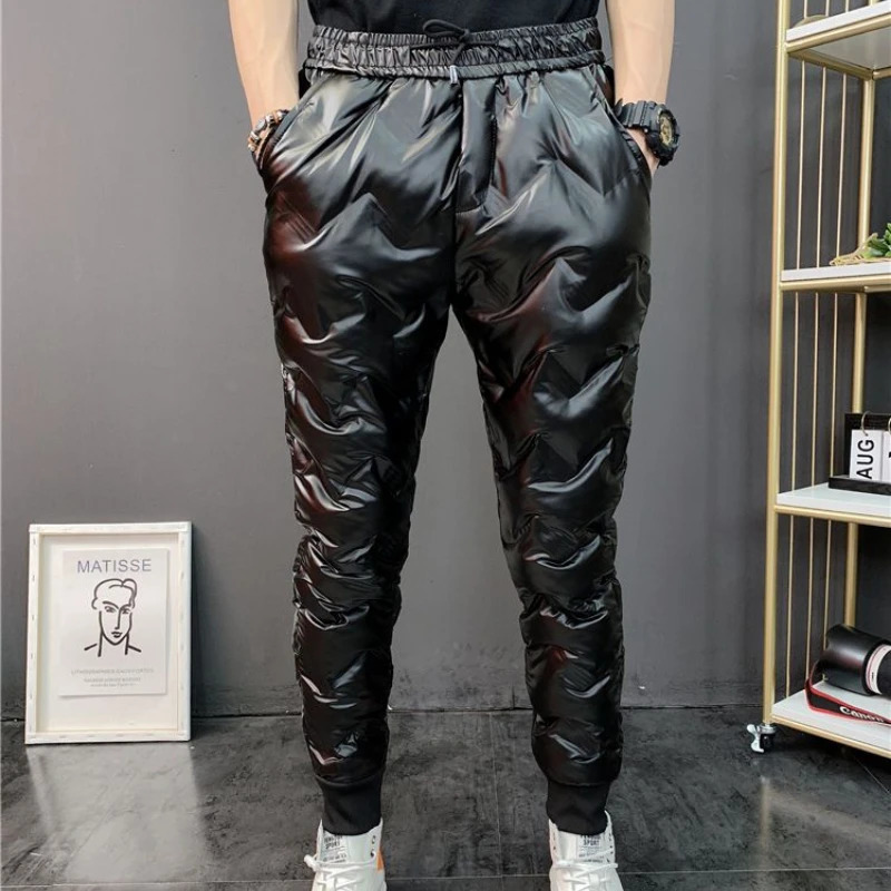 shiny winter down pants thick and warm sports pants casual mens ultra-thin outdoor windproof and waterproof cotton pants 241111