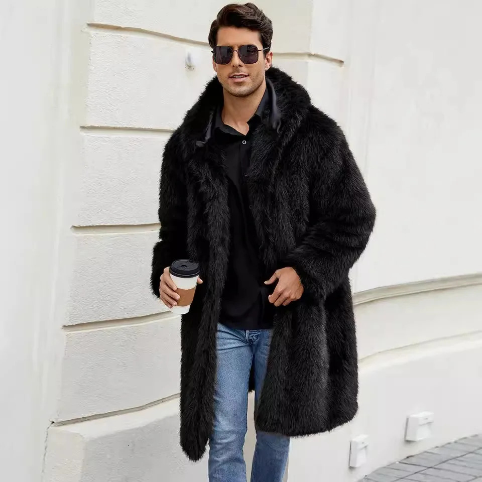 Fur jacket with open collar and hood synthetic fur splicing long sleeved loose mens open seam coat solid autumn street 241113
