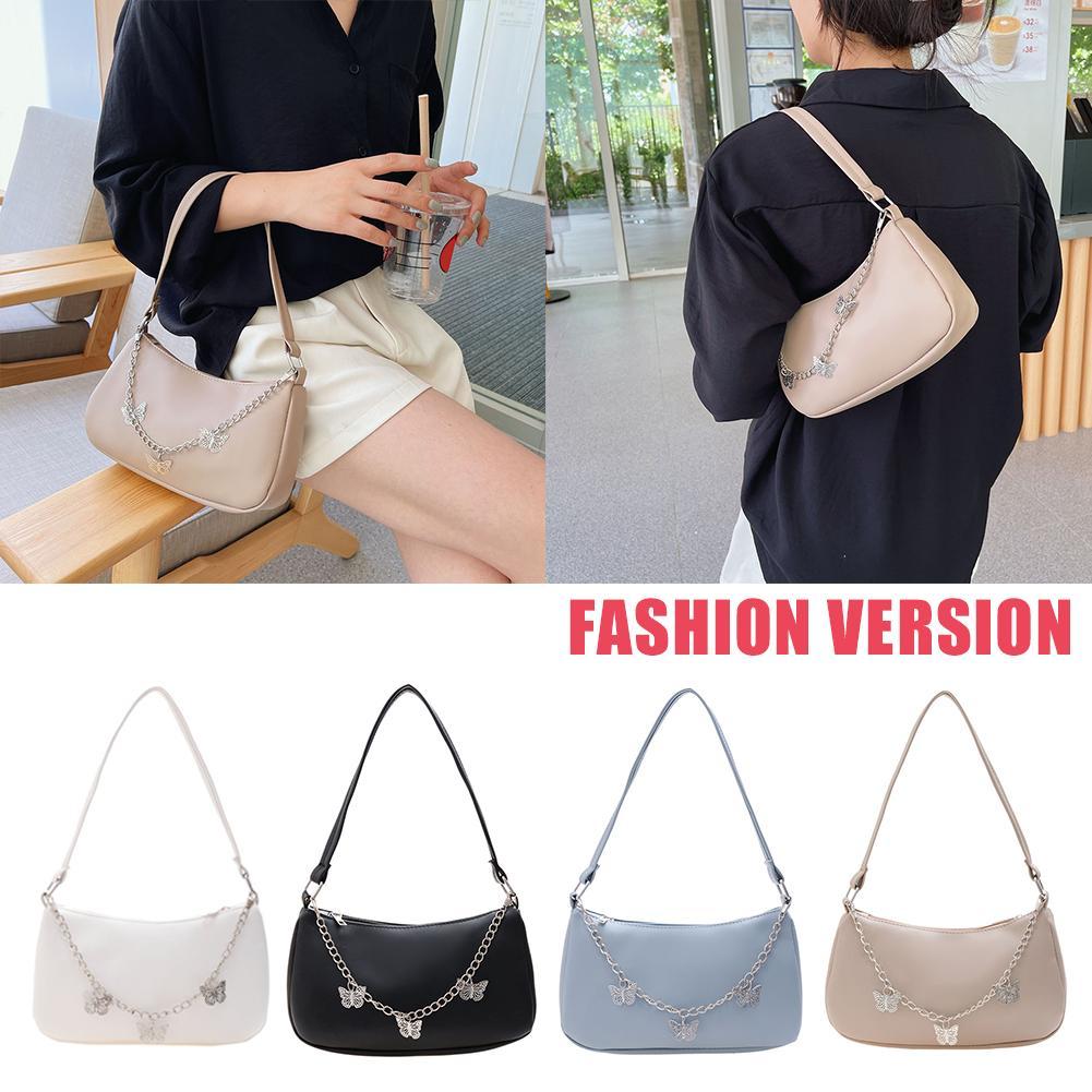 Stylish Butterfly Chain Shoulder Shopping Bags Women Small Pure Color Handbags Daily PU Leather Underarm Bags