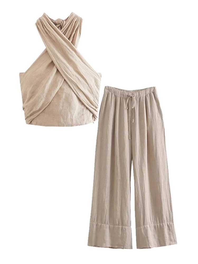 Cotton Linen Pants Sets Women Fashion Halter Crop Top Two Piece Ladies Sets Flimsy Wide Leg Pants 2024 Newest Summer High StreetX241112