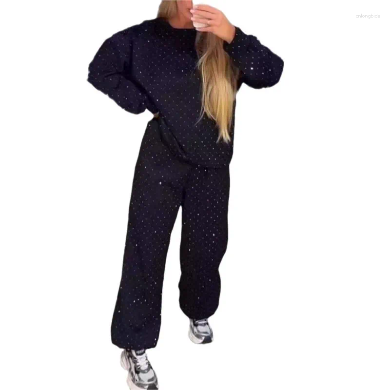 Women's Two Piece Pants Suit Autumn O-neck Diamond Long-sleeved T-shirt Drawstring Sweatpants Fashionable Ladies 2-piece Sets