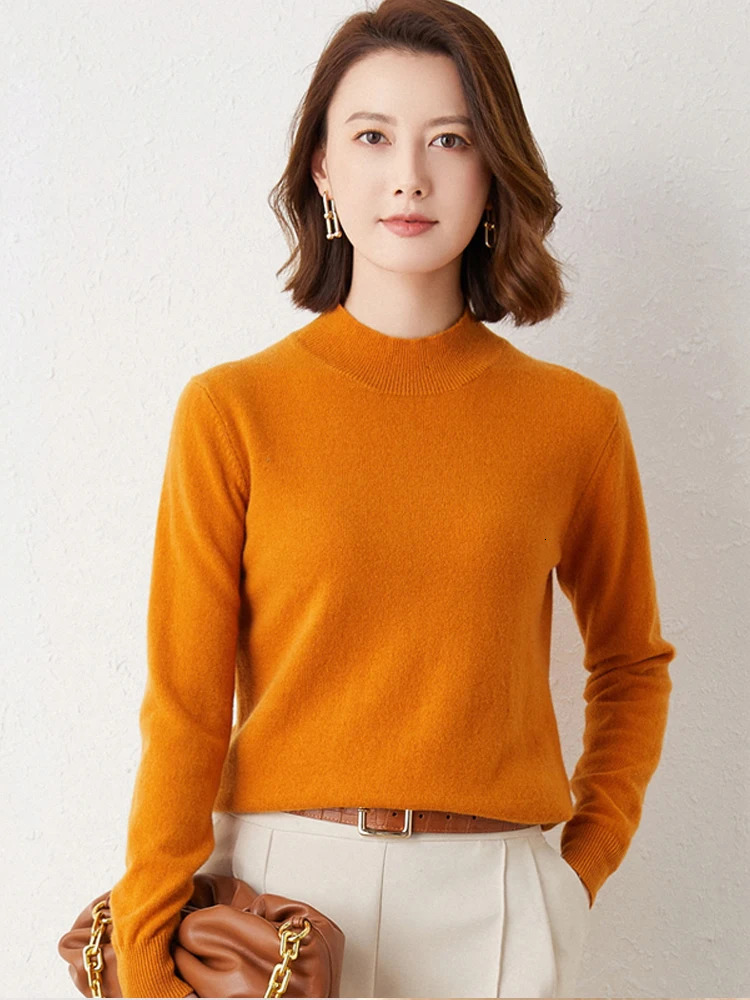 Womens solid semi high neck cashmere sweater autumn and winter loose plus size knitted wool casual sweater bottom sweater 241113
