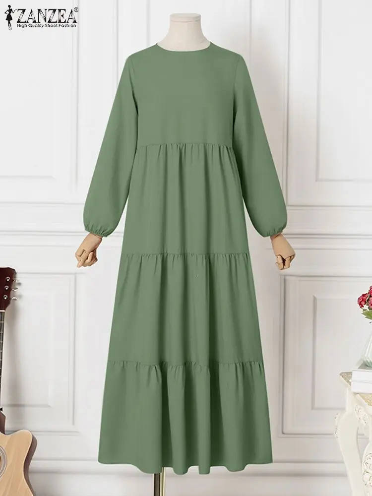 ZANZEA Muslim Headscarf Series Dress for Womens Casual Loose Long Puff Sleeves Abaya Robe Autumn Islamic O-neck Vistildos 241111