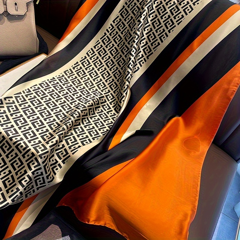 Stylish Geometric Striped Printed Scarf Simulated Silk Satin Smooth Shawl Spring Summer Sunscreen Windproof Scarf