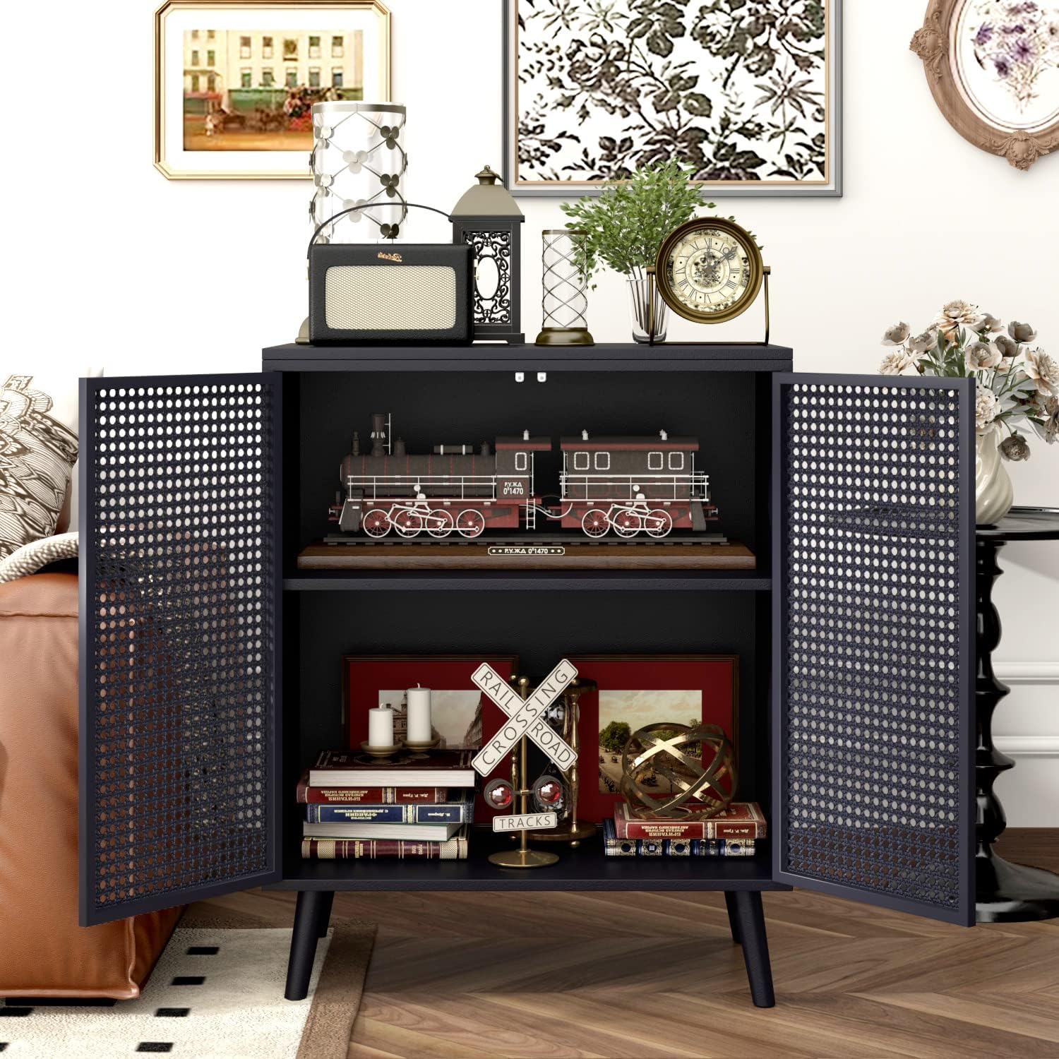 Metal Rattan Accent Cabinet - 2 Door Buffet Storage for Kitchen, Living Room and Hallway, Black